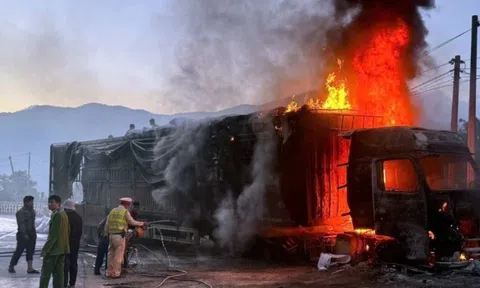 Xe tải chở bột mỳ bốc cháy trên đèo Lò Xo